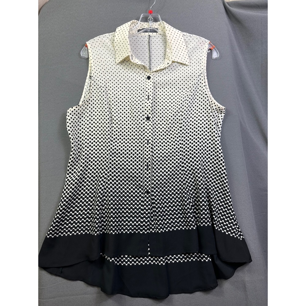 Signature Collection Polka Dot Sleeveles Blouse Black White Ombre High Low Top L